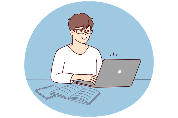 賢い若い男性がテーブルに座って、教科書を読みながらノートパソコンで作業している  イラスト