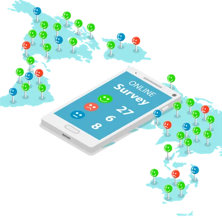 Un smartphone avec les résultats d'une enquête est posé sur la carte avec les continents  Illustration