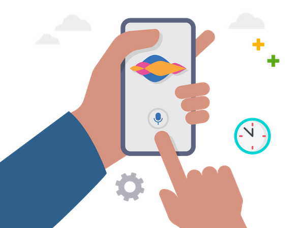 Mão segurando smartphone com assistente de voz digital  Ilustração