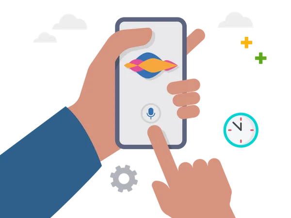Mão segurando smartphone com assistente de voz digital  Ilustração