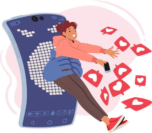 Surreal Moment Smartphone Holds Woman Surrounded By Floating Like Symbols Female Character Gaze Reflects An Attempt To Reconnect With Reality In The Digital Age Cartoon People Vector Illustration Illustration