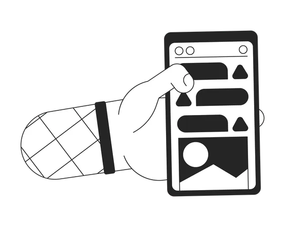 Smartphone In Hand Bw Concept Vector Spot Illustration Screen Notifications On Phone Display 2 D Cartoon Flat Line Monochromatic Hand For Web UI Design Editable Isolated Outline Hero Image 일러스트레이션