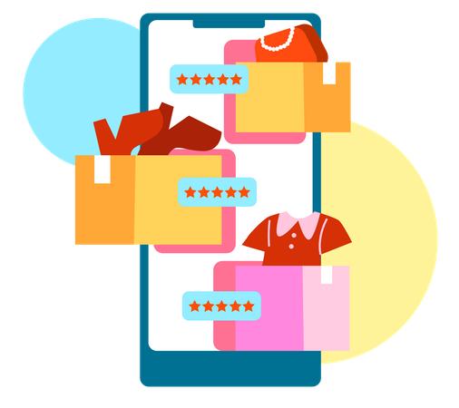 Smartphone mit Shopping-App und Artikeln  Illustration