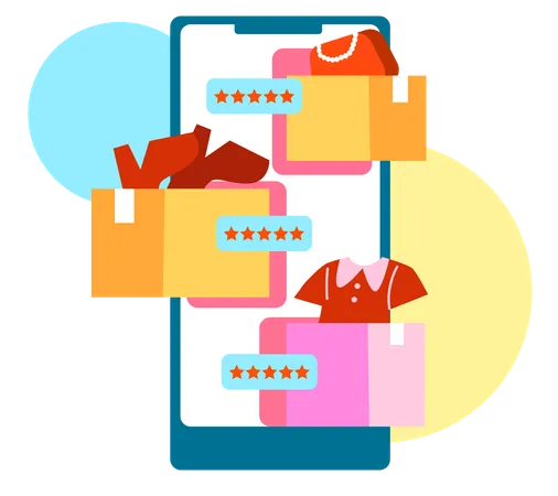 Smartphone mit Shopping-App und Artikeln  Illustration