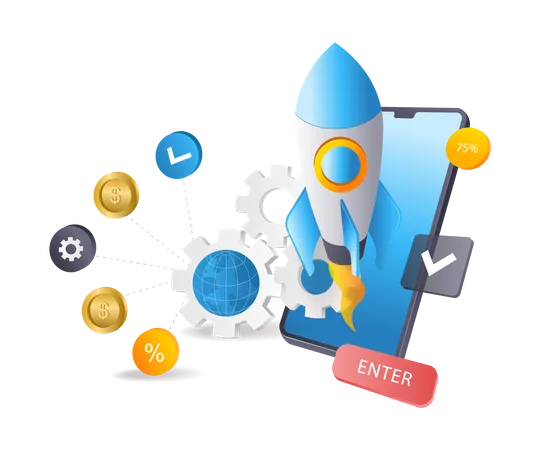 Smartphone rocket launch network  Illustration