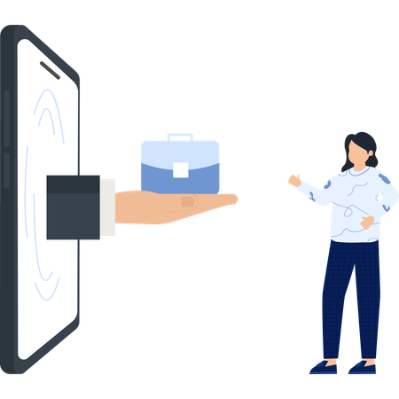 Smartphone with a hand offering a briefcase to a woman business concept  Illustration