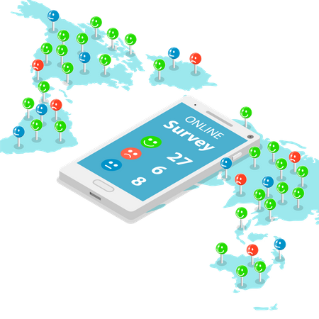 Smartphone with a survey results are laying on the map with continents  Illustration