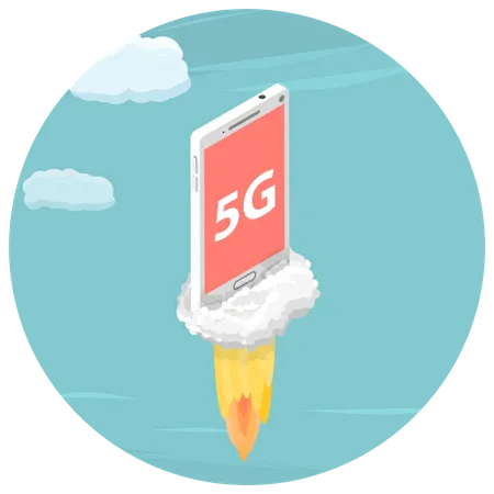 5 G Flat Isometric Vector Concept Smartphone With A Title 5 G Is Flying In The Sky Like A Rocket Illustration