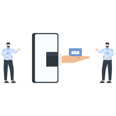 詐欺ラベルを持ったスマートフォンを持つ2人の男性  イラスト