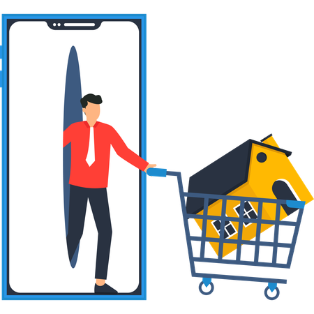 Smartphone with Man and House in Shopping Cart Real Estate  Illustration