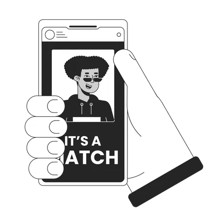 Smartphone With Online Dating App Bw Concept Vector Spot Illustration Holding Gadget 2 D Cartoon Flat Line Monochromatic Hand For Web UI Design Editable Isolated Outline Hero Image Illustration
