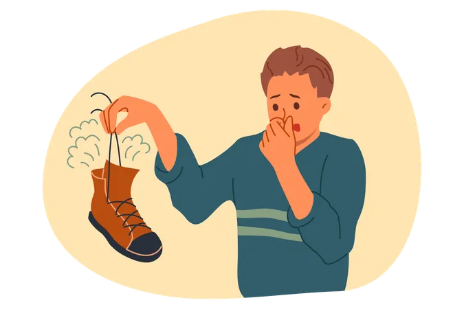 Smelly shoe in hands of man suffering from bad odor and symptoms of foot mycosis  Illustration