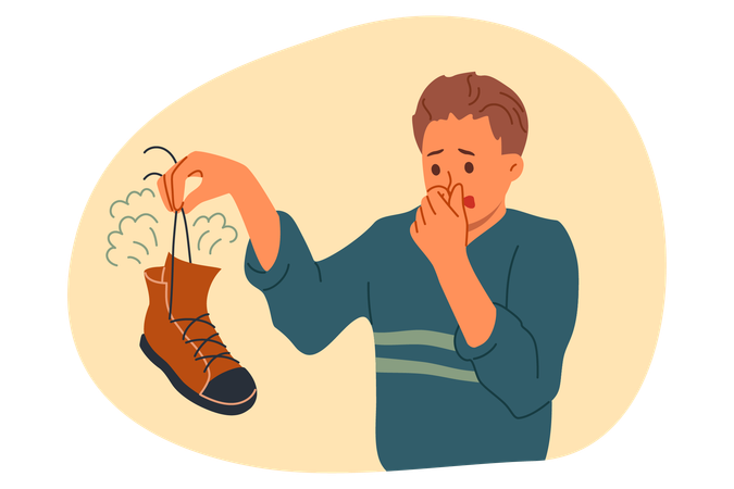 Smelly shoe in hands of man suffering from bad odor and symptoms of foot mycosis  イラスト