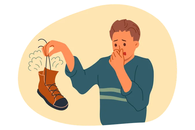 Smelly Shoe In Hands Of Man Suffering From Bad Odor And Symptoms Of Foot Mycosis Guy With Smelly Feet Needs Help From Dermatologist Or Shoe Disinfectant To Get Rid Of Stinky Bacteria Illustration