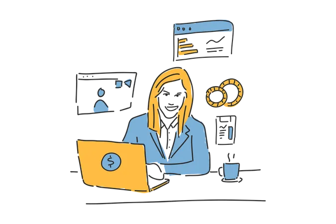Smile woman work online  Illustration