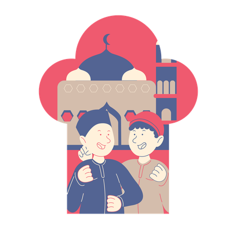 Smiley Boys in front of a Mosque  Illustration