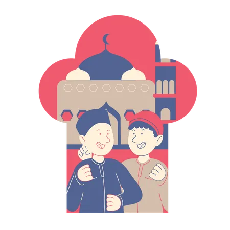 Smiley Boys in front of a Mosque  Illustration