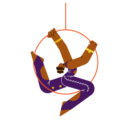 Smiling acrobat woman on hanging hoop while giving circus performance  Illustration
