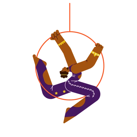 Smiling acrobat woman on hanging hoop while giving circus performance  Illustration