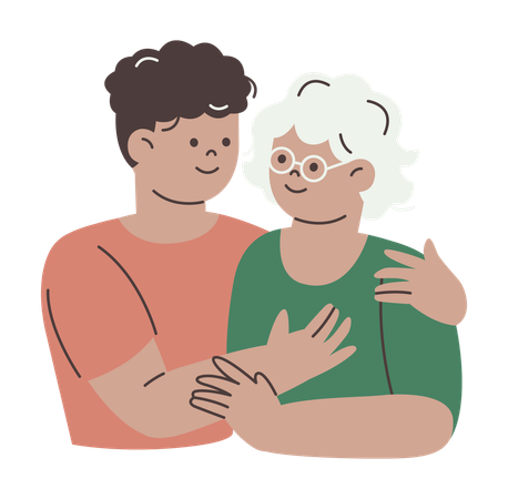 Smiling Adult Son Hugging Aged Mother  Illustration