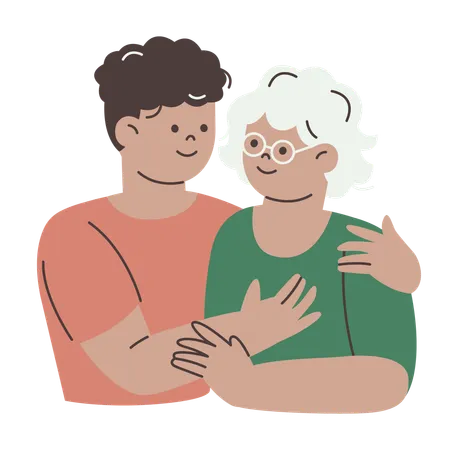 Smiling Adult Son Hugging Aged Mother  Illustration