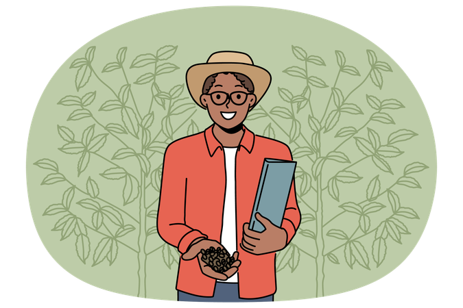 Smiling African American man with coffee beans on plantation  Illustration