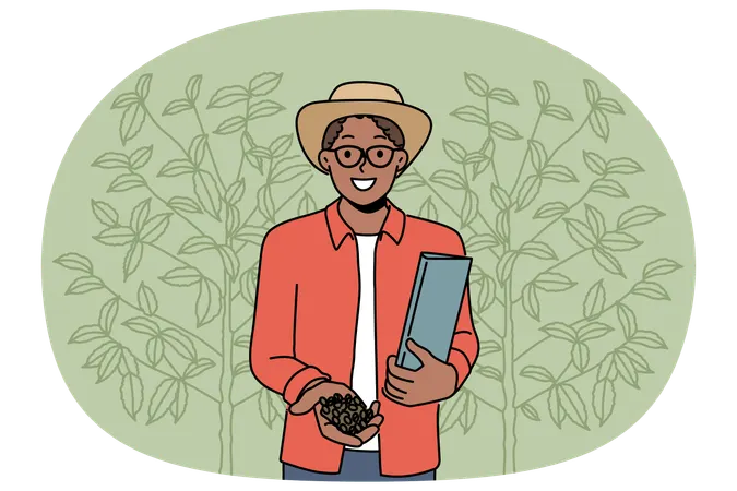 Smiling African American man with coffee beans on plantation  Illustration
