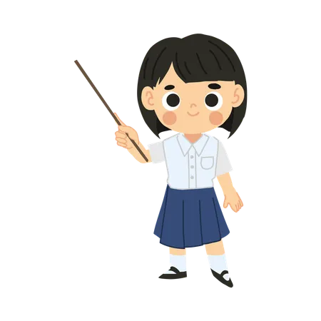 Smiling And Happy Thai Student Girl Cartoon Character Pointing Stick Illustration