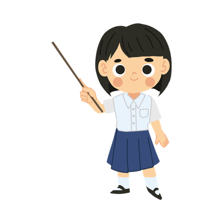 Smiling and Happy Thai Student Girl Character Pointing Stick  Illustration