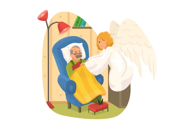 Smiling angel saint biblical religious covering sleeping old man  Illustration