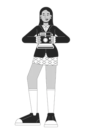 Highschool Girl Photographer Old Fashioned Black And White Cartoon Flat Illustration Arab Female 80 S Taking Photos 2 D Lineart Character Isolated Nostalgia Monochrome Scene Vector Outline Image Illustration