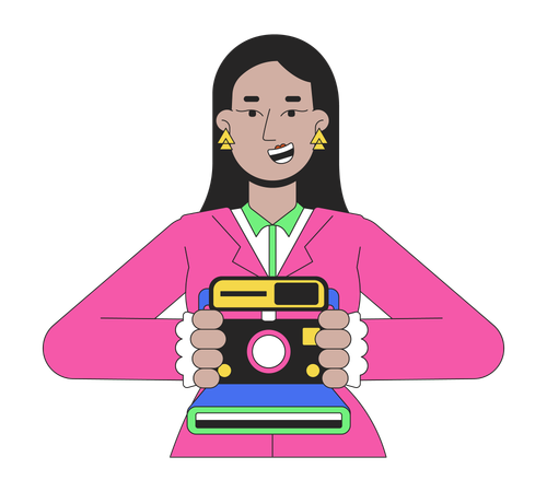 Smiling arab female holding instant camera  Illustration