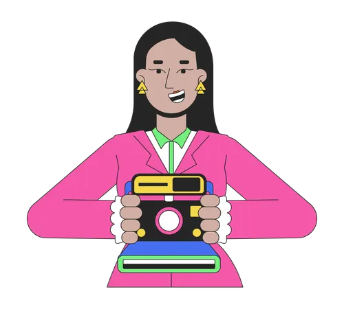 Smiling Arab Female Holding Instant Camera 2 D Linear Cartoon Character Middle Eastern Girl Picture Taking Isolated Line Vector Person White Background Nostalgia Memories Color Flat Spot Illustration Illustration