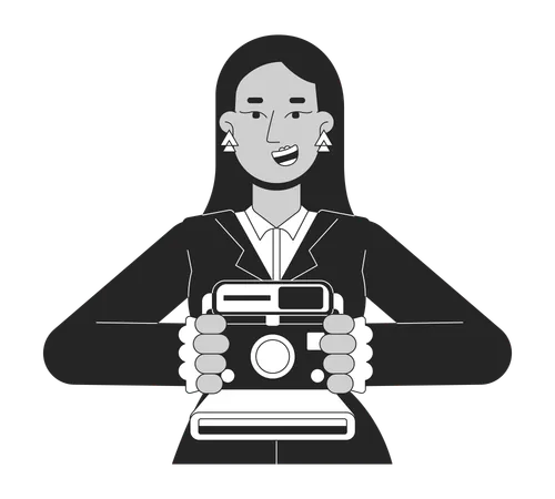 Smiling Arab Female Holding Instant Camera Black And White 2 D Line Cartoon Character Middle Eastern Girl Picture Taking Isolated Vector Outline Person Nostalgia Monochromatic Flat Spot Illustration Illustration