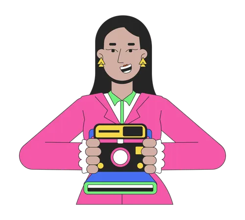 Smiling arab female holding instant camera  Illustration