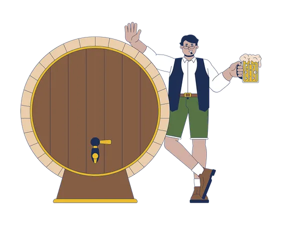 Smiling arab man leaning on wooden beer barrel  Illustration