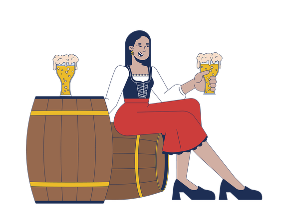 Smiling arab woman with beer sitting on cask  Illustration