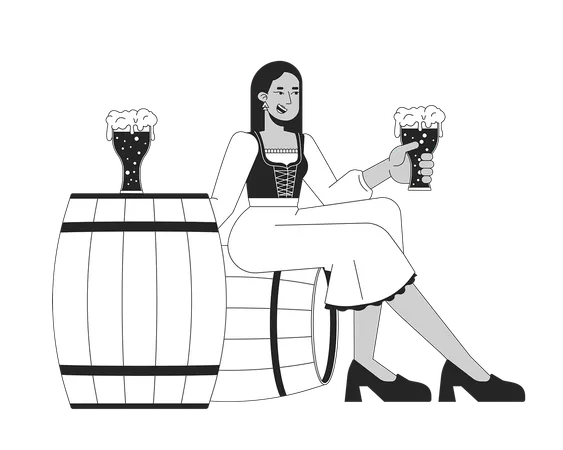 Smiling arab woman with beer sitting on cask  Illustration