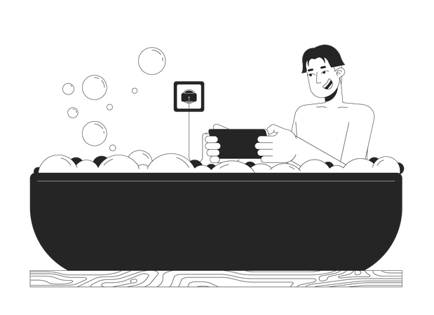 Smiling asian man in smartphone in bath  Illustration