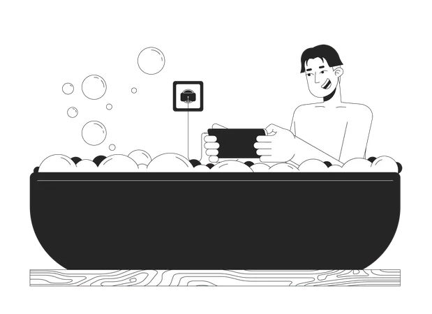 Smiling Asian Man In Smartphone In Bath Black And White 2 D Line Cartoon Character Korean Male Using Electrical Device Isolated Vector Outline Person Bathroom Monochromatic Flat Spot Illustration Illustration