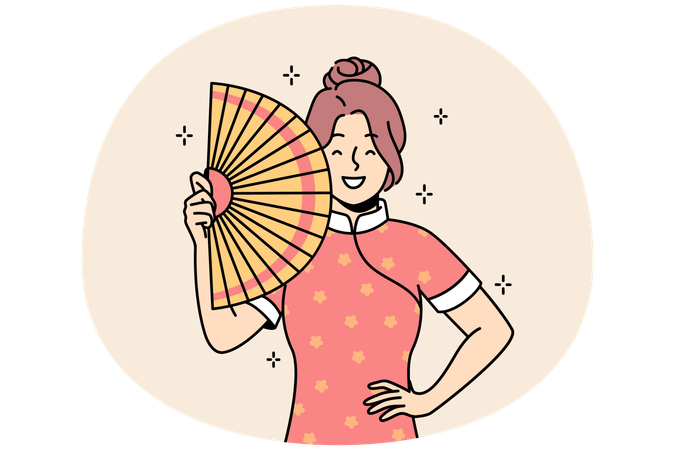 Smiling Asian woman in traditional clothes  Illustration