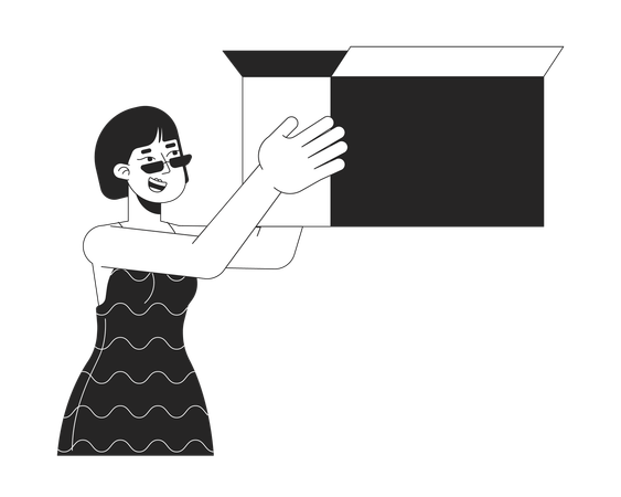 Smiling asian woman rising box  Illustration