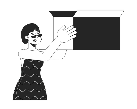 Smiling asian woman rising box  Illustration
