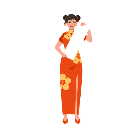 Smiling asian woman with blank paper  Illustration