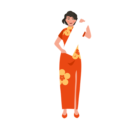 Smiling asian woman with blank paper  Illustration