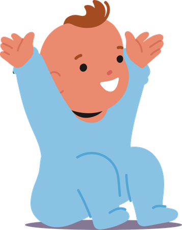 Smiling Baby Boy In Blue Onesie, Joyfully Raising Its Hands. Cartoon Infant With Cheerful Expression And Playful Posture  Illustration