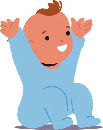 Smiling Baby Boy In Blue Onesie, Joyfully Raising Its Hands. Cartoon Infant With Cheerful Expression And Playful Posture  Illustration