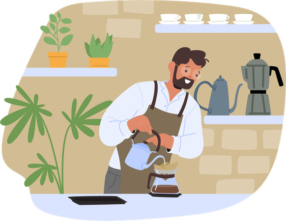 Smiling Barista In Coffee Shop Preparing Pour Over Coffee  Illustration