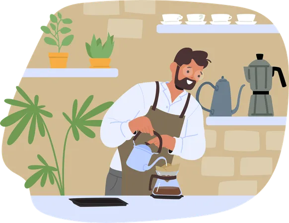 Smiling Barista In Coffee Shop Preparing Pour Over Coffee  Illustration