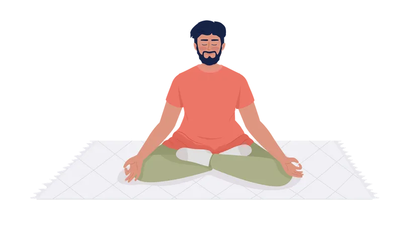 Smiling bearded man meditating on throw rug Illustration